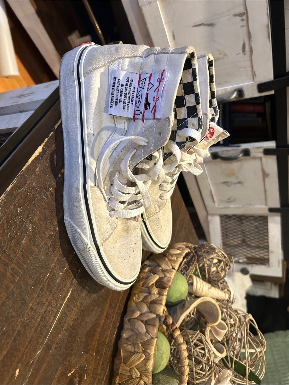 Vans High-Top Sneakers in Cream with Black-and-White Checker Lining size 8.5
